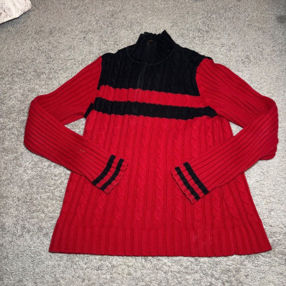 Tommy Hilfiger Jeans Mens Large Red Navy Cable Knit Quarter Zip Sweater Japan